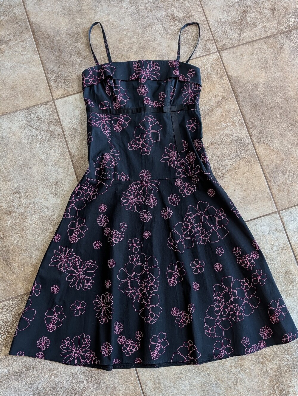 H&M Black Retro Floral Spaghetti-Strap A-Line Dress